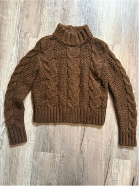 American Eagle Chunky Cable Knit Mock Neck Sweater Brown Wool Blend Cropped XS